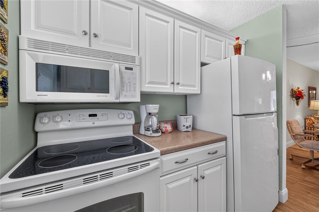 A kitchen features white cabinets, a white stove, a microwave, and a white refrigerator — 4801 AIRPORT ROAD UNIT 119, ZEPHYRHILLS, FL