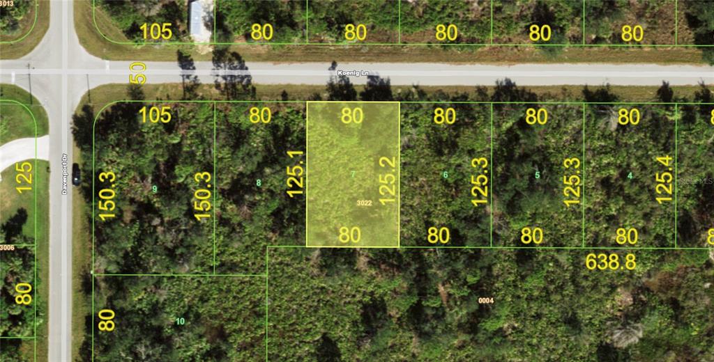 This is an aerial map showing a rectangular plot of land with dimensions in feet — 12453 KOENIG LANE, PORT CHARLOTTE, FL