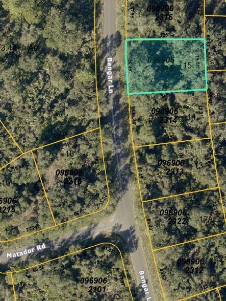 This is an aerial map showing a highlighted rectangular land parcel located along a road — BANGAR LANE, NORTH PORT, FL