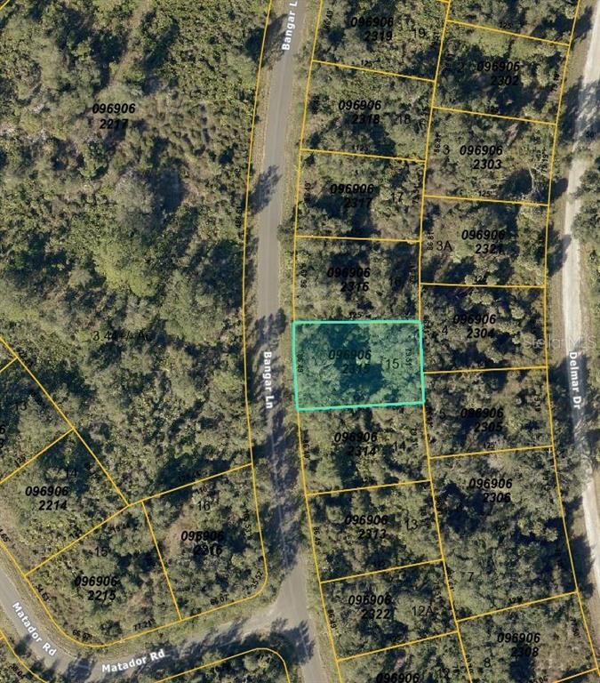 This is an aerial map showing a highlighted vacant residential lot between two roads — BANGAR LANE, NORTH PORT, FL