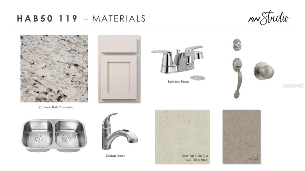 This material board displays samples of countertops, cabinetry, faucets, hardware, flooring, and carpet — 2669 BROADWING STREET, KISSIMMEE, FL