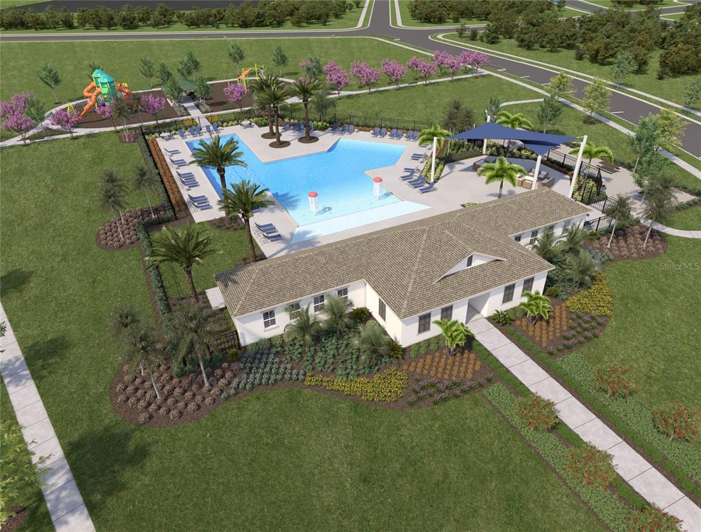 This is a rendering of a community clubhouse with a swimming pool and playground — 2669 BROADWING STREET, KISSIMMEE, FL
