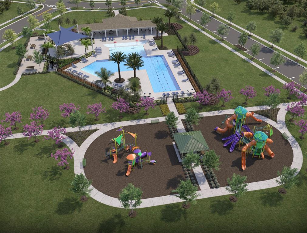 This rendering shows a community amenity center with a swimming pool, clubhouse, and two playgrounds — 2669 BROADWING STREET, KISSIMMEE, FL