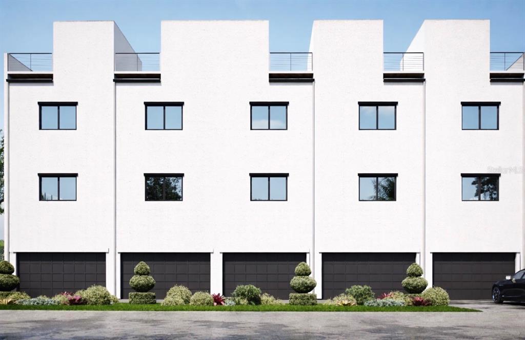 This is a rendering of a modern three-story townhouse complex with white stucco and garages — 2168 9TH AVENUE N, ST PETERSBURG, FL