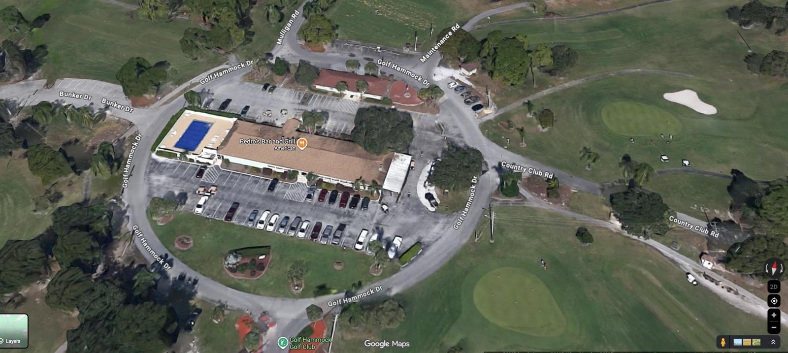 This satellite map shows a golf course clubhouse with a pool and surrounding parking lots — 3401 Divot Road, Sebring FL 33872, SEBRING, FL