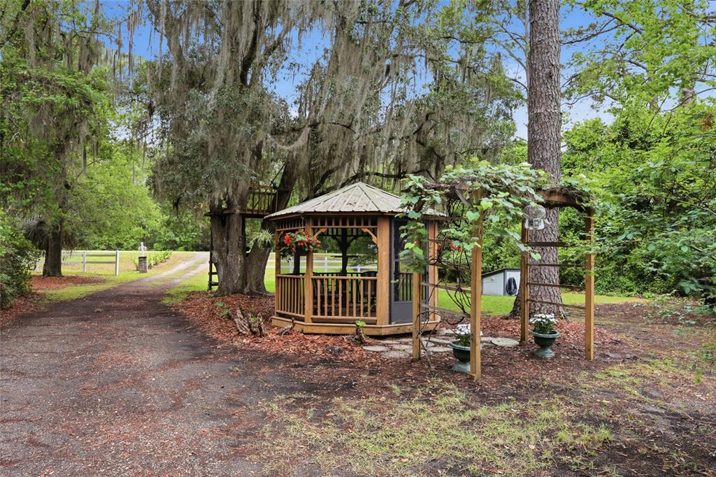 A wooden gazebo and a vine-covered trellis sit beside a tree-lined dirt driveway — 5419 COUNTY ROAD 352, KEYSTONE HEIGHTS, FL