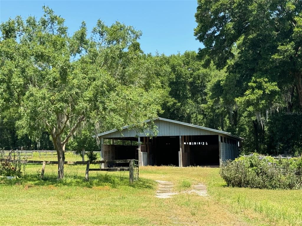 A rustic, open-sided barn sits in a grassy field surrounded by mature trees — 7111 SW 80TH AVENUE, OCALA, FL
