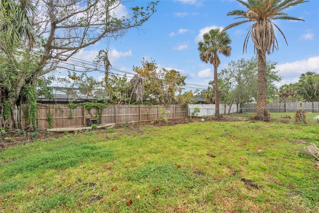 A grassy backyard features a wooden fence, several palm trees, and a stored kayak — 752 LANTANA AVENUE, CLEARWATER BEACH, FL