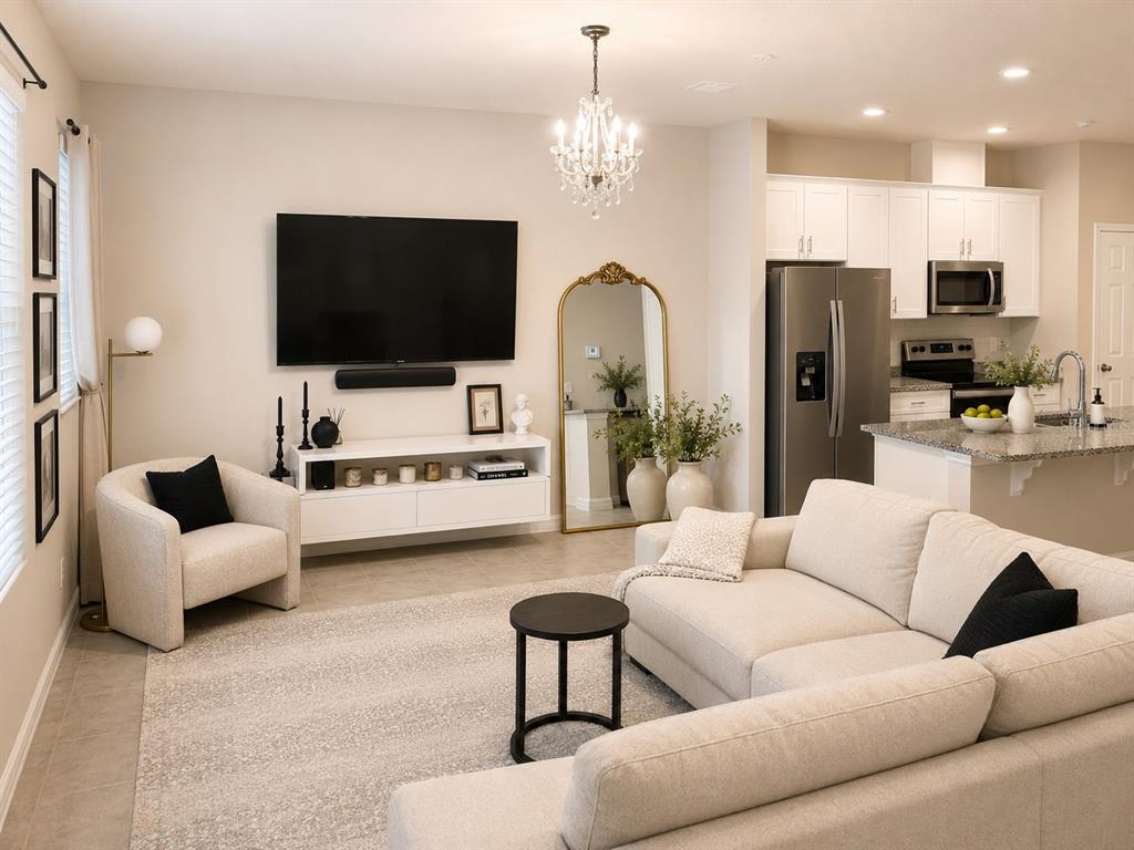 A living room with a white sofa, armchair, wall-mounted television, and an open-concept kitchen — 964 LEGACY WINDS WAY, CASSELBERRY, FL