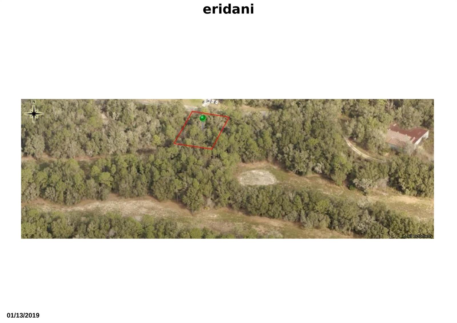 An aerial view shows a wooded lot outlined in red with a green marker — 78 W Eridani Court, FL 34434, FL