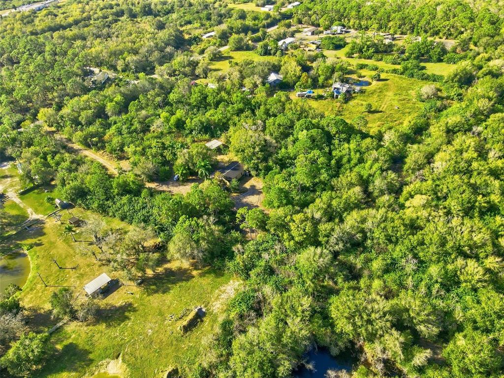 An aerial view shows a rural property with scattered houses, dense trees, and small ponds — 39970 LITTLE FARM ROAD, PUNTA GORDA, FL