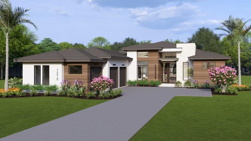 This is a digital rendering of a modern single-story house with a two-car garage — 8613 SANDPOINT STREET, SARASOTA, FL