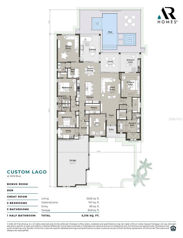 This is a floor plan for a custom home featuring three bedrooms, a pool, and a garage — 8613 SANDPOINT STREET, SARASOTA, FL