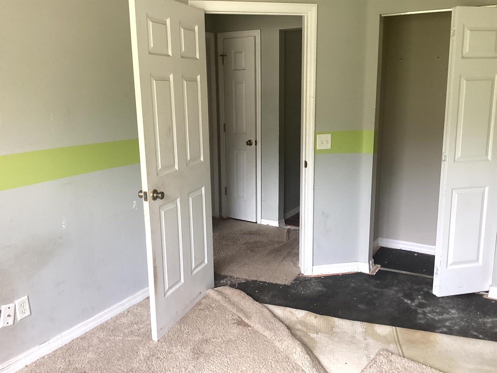 An interior room features gray walls with a lime green stripe and partially removed carpeting — 11880 SE 195th Place, FL 34431, FL