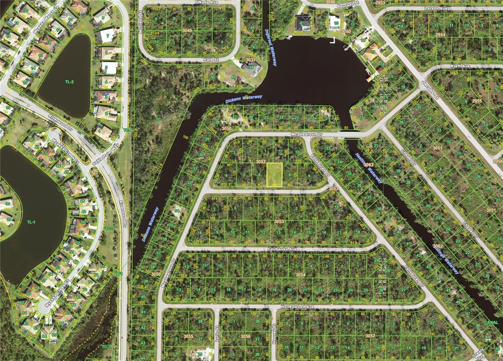 This is a map showing residential lots, streets, and waterways in a suburban neighborhood — 13472 AUGTON (LOT 7) AVENUE, PORT CHARLOTTE, FL