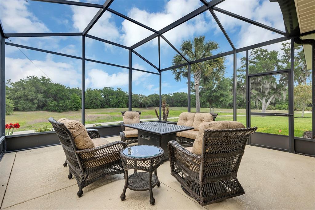 A screened-in patio features wicker furniture, a fire pit table, and views of a grassy yard — 4334 BENT CREEK LANE, LEESBURG, FL