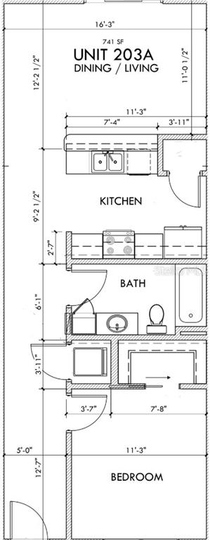This is a floor plan for a one-bedroom apartment unit with a kitchen and bathroom — 419 SE 1ST AVENUE UNIT 203, OCALA, FL