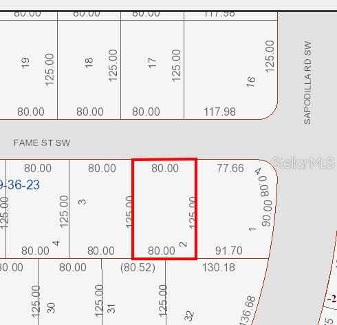 This is a plat map showing a rectangular lot highlighted in red — 1012 FAME STREET SW, PALM BAY, FL