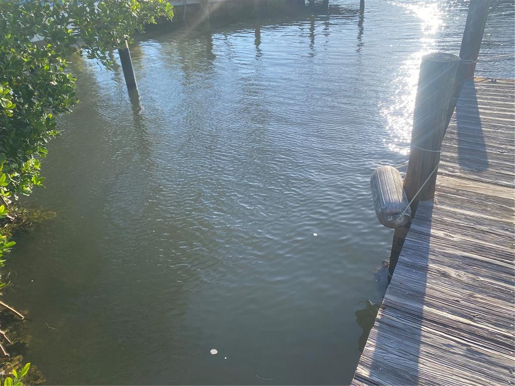 A wooden dock extends over calm water next to green foliage and a boat fender — 8303 MARINA DRIVE UNIT 12, HOLMES BEACH, FL
