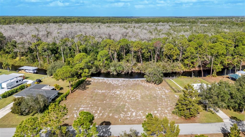 An aerial view shows a vacant, rectangular waterfront lot bordered by trees and neighboring houses — 1100 SYCAMORE STREET, LAKE PLACID, FL