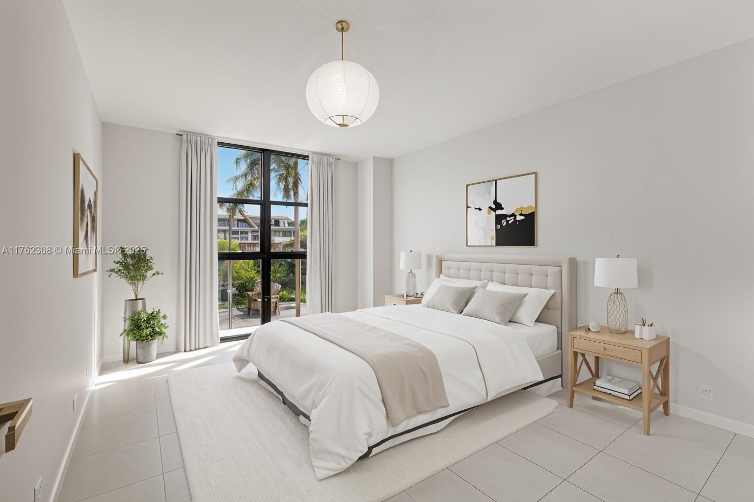 A modern bedroom features a bed, two nightstands, a pendant light, and floor-to-ceiling windows — 4000 Towerside Ter # 302, Miami FL 33138, MIAMI, FL