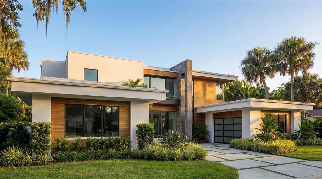 A modern two-story house features white stucco, wood paneling, stone accents, and a paved driveway — 9671 BLANDFORD ROAD, ORLANDO, FL
