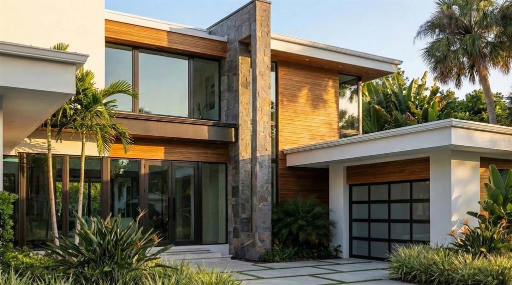 A modern two-story house features wood siding, stone accents, large windows, and a glass garage door — 9671 BLANDFORD ROAD, ORLANDO, FL