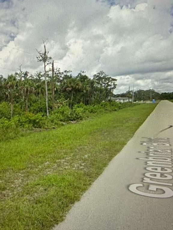 A paved road runs alongside a grassy area with dense trees and vegetation — 625 GREENBRIAR BOULEVARD, LEHIGH ACRES, FL