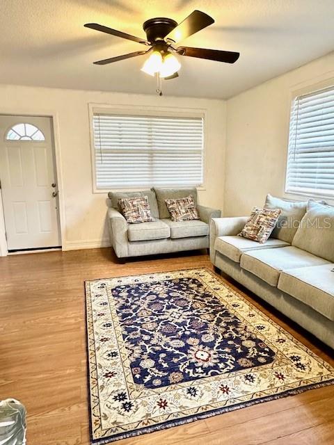 A living room features a ceiling fan, two sofas, and a patterned area rug — 904 SOUTHERN AVENUE, LAKELAND, FL
