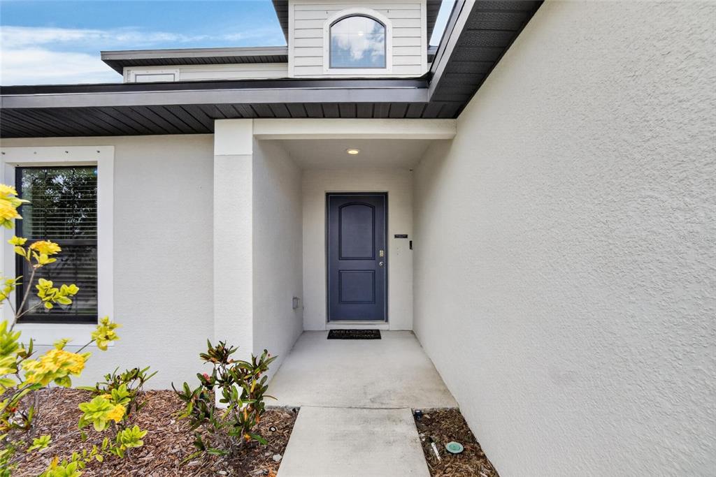 The exterior of a house features a blue front door under a covered entryway — 1115 WYNNMERE WALK AVENUE, RUSKIN, FL