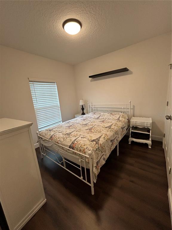 A bedroom features a white metal bed frame, dark wood flooring, and a ceiling light fixture — 9213 HALSEY DR, GROVELAND, FL