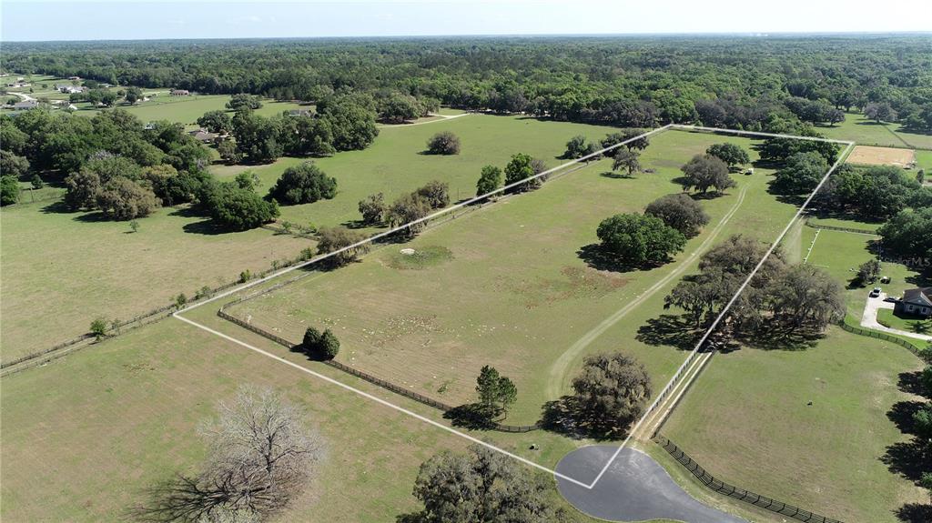 An aerial view shows a large, fenced grassy pasture with scattered trees and a driveway — TBD SW 104TH  ST ROAD, OCALA, FL