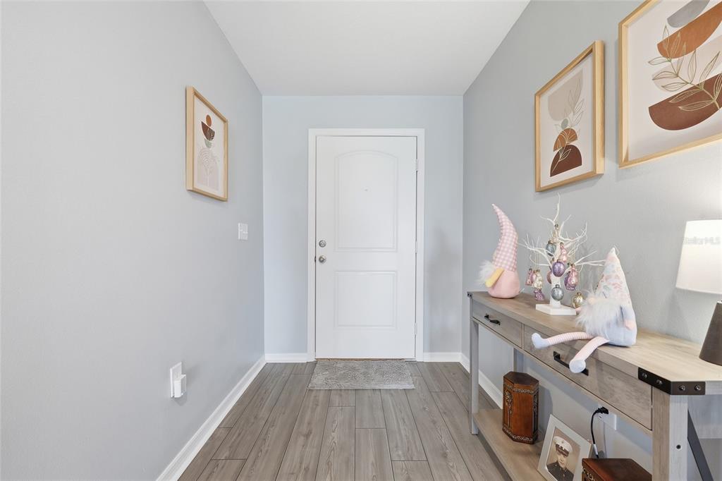 An entryway features light blue walls, wood-look flooring, a white front door, and a console table — 1607 SWAN LAKE CIRCLE, DUNDEE, FL