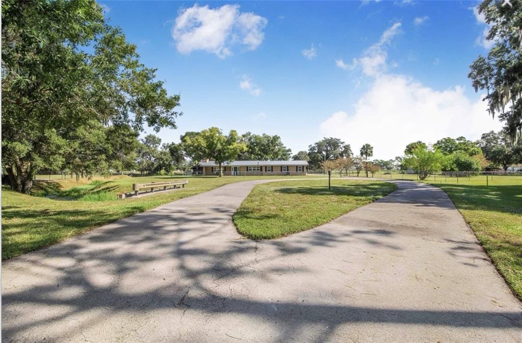 A long concrete driveway leads toward a single-story house surrounded by trees and green lawn — 4854 E HINSON AVENUE, HAINES CITY, FL