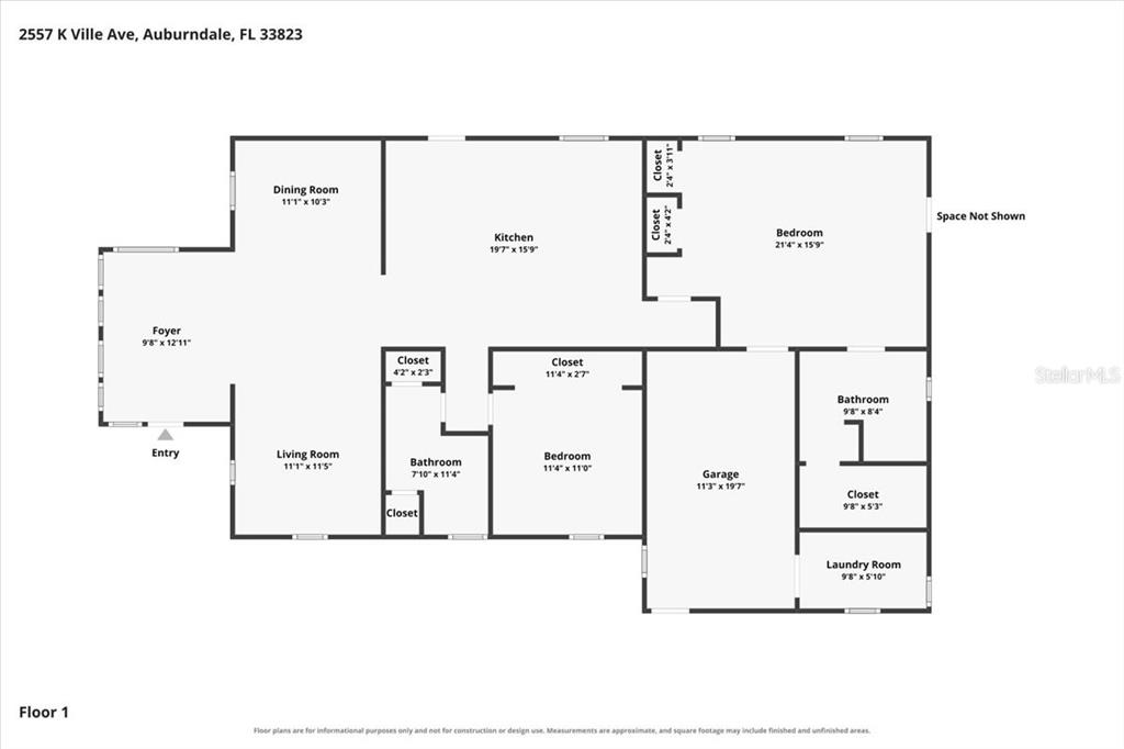 This is a floor plan for a single-story residential property — 2557 K VILLE AVENUE, AUBURNDALE, FL