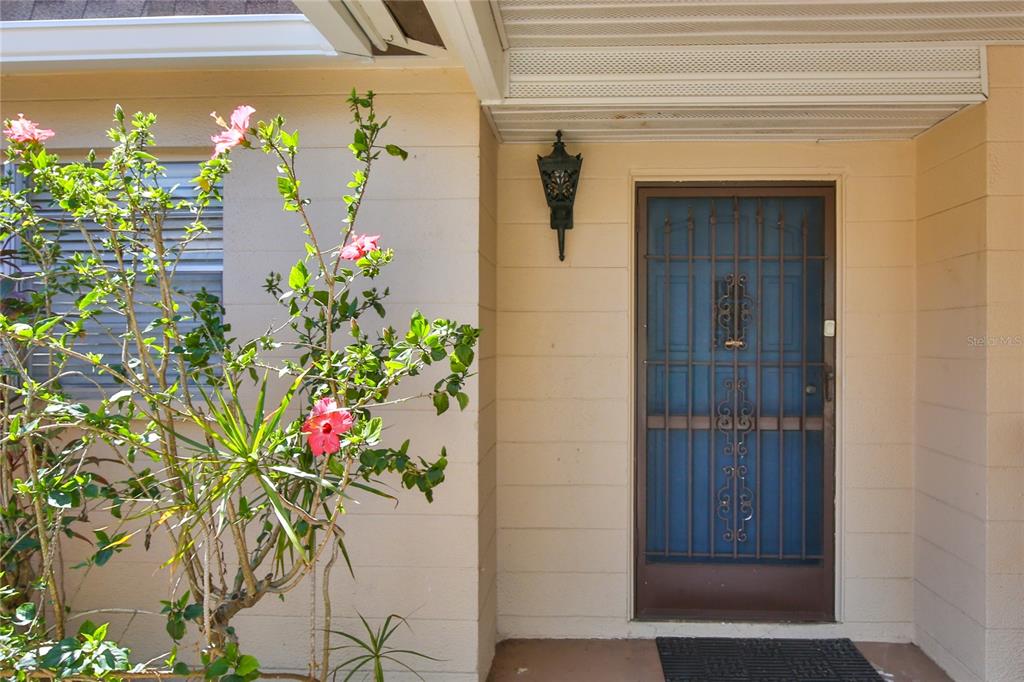 A front entrance features a brown security screen door and a blooming hibiscus plant — 4612 PARK ACRES DRIVE, BRADENTON, FL