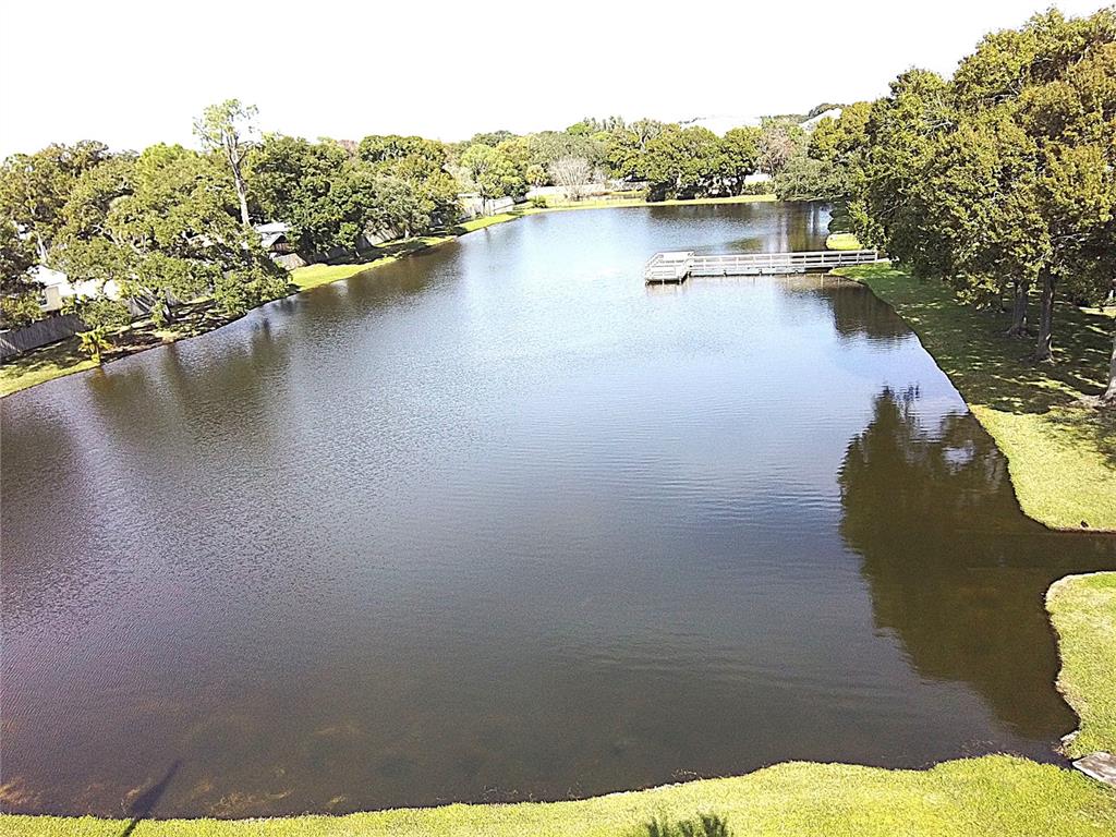 An aerial view of a rectangular pond surrounded by trees with a wooden fishing pier — 3808 N OAK DRIVE UNIT U42, TAMPA, FL