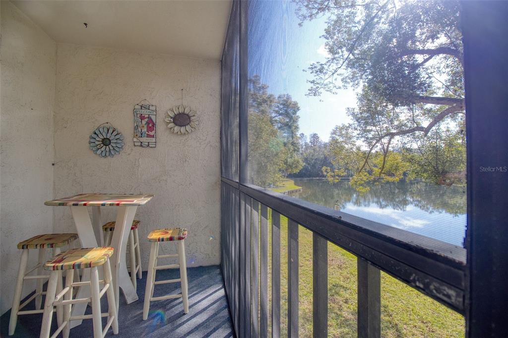 A screened-in balcony features a small table with stools and a view of a lake — 3134 LAKE PINE WAY UNIT G2, TARPON SPRINGS, FL