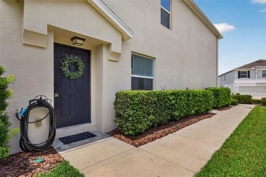 The exterior of a house features a dark front door, a hedge, and a walkway — 817 ASHENTREE DRIVE, PLANT CITY, FL