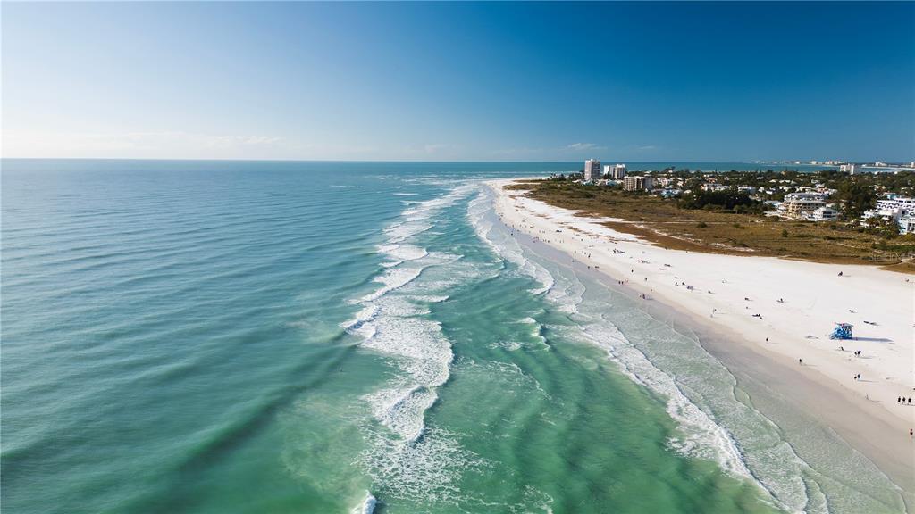 An aerial view shows a white sand beach along a turquoise ocean with coastal buildings — 810 PLYMOUTH STREET, SARASOTA, FL