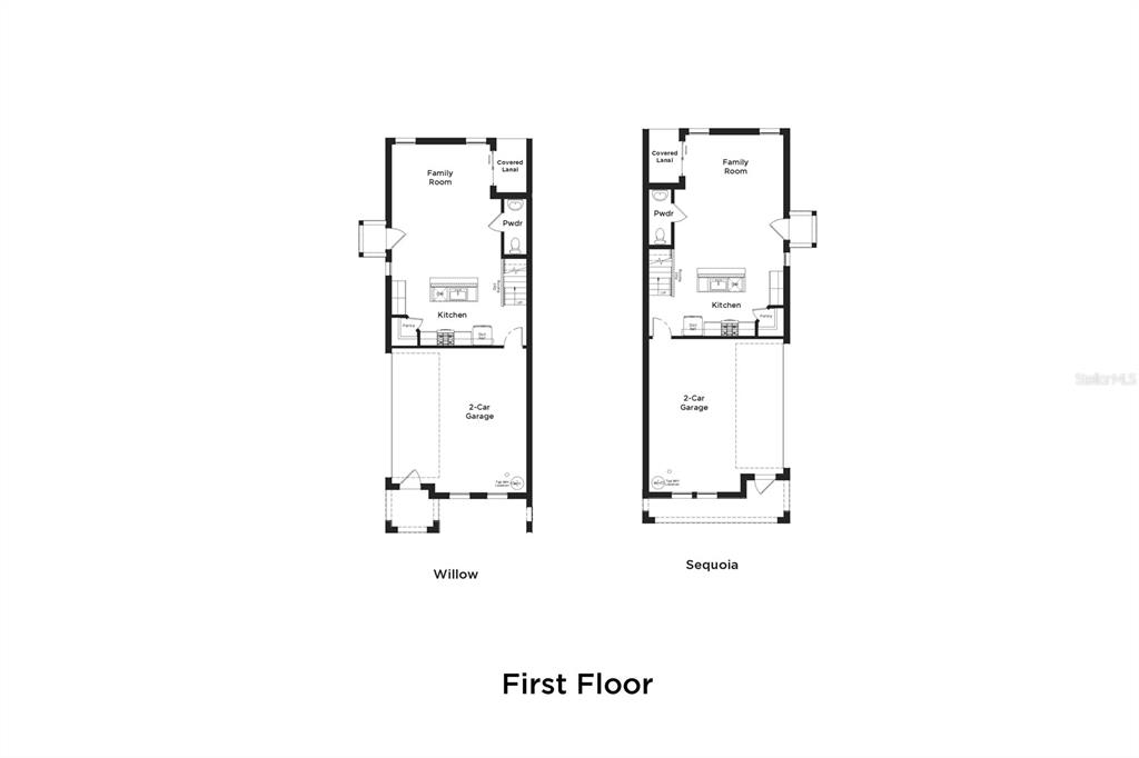 This is a floor plan showing the first-floor layouts for the Willow and Sequoia models — 611 SILVER STREAM COURT, BRANDON, FL
