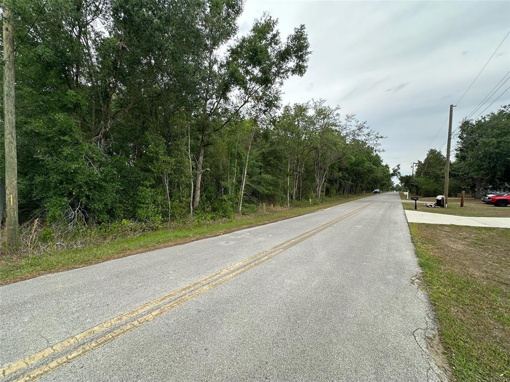 A paved road runs alongside a wooded lot with utility poles under a cloudy sky — SE 86TH COURT, BELLEVIEW, FL