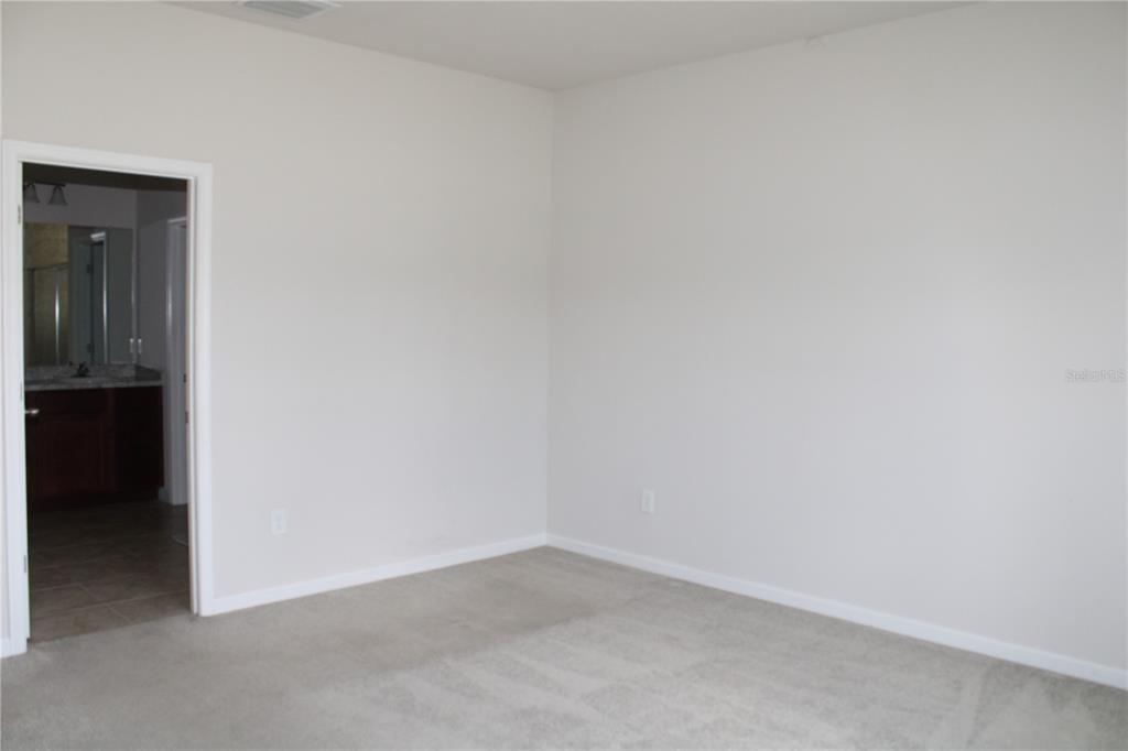 An empty bedroom with neutral walls, beige carpeting, and a doorway leading to a bathroom — 18337 FALLING PINE NEEDLE LANE, LAND O LAKES, FL