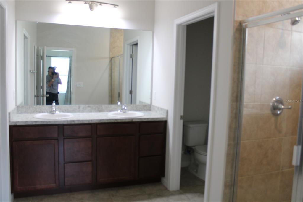 A bathroom features a double vanity with dark cabinets, a large mirror, and a shower — 18337 FALLING PINE NEEDLE LANE, LAND O LAKES, FL