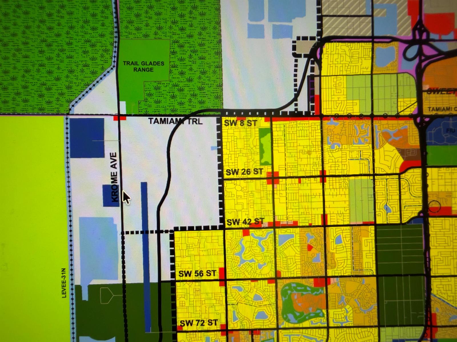 This is a map showing the street grid and land use near Krome Avenue — 34 Street SW 160th Avenue, FL 33185, FL