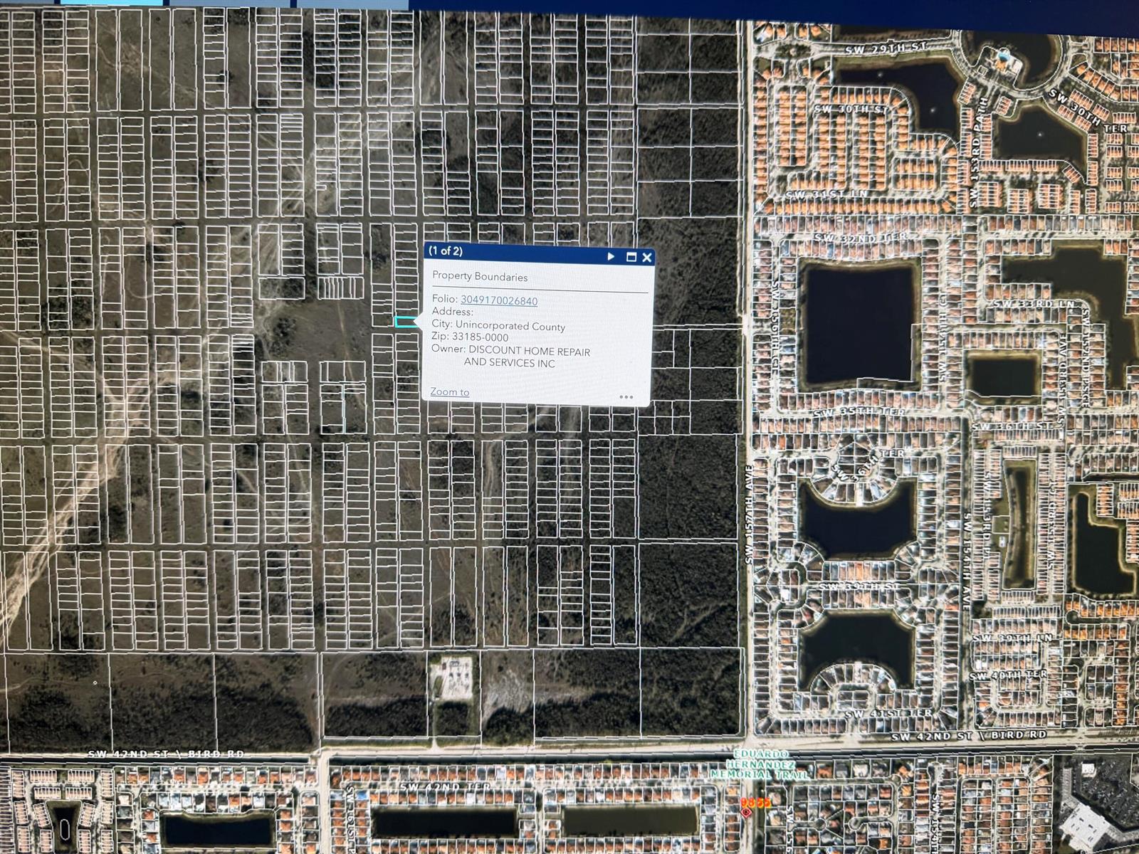 This map shows property boundaries and parcel information for an undeveloped area in Miami-Dade County — 34 Street SW 160th Avenue, FL 33185, FL