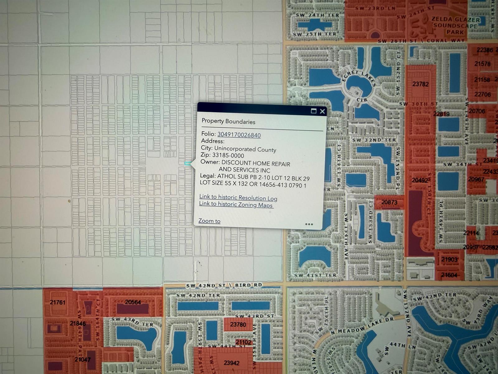 This is a digital map showing property boundaries and parcel information for a residential area — 34 Street SW 160th Avenue, FL 33185, FL