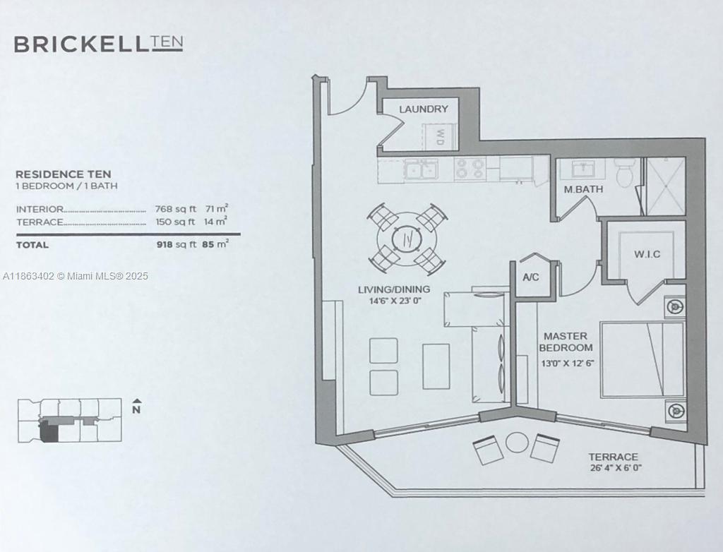 This floor plan shows a one-bedroom, one-bathroom residence with a living area and private terrace — 1010 SW 2 AVE # 1110, Miami FL 33130, MIAMI, FL