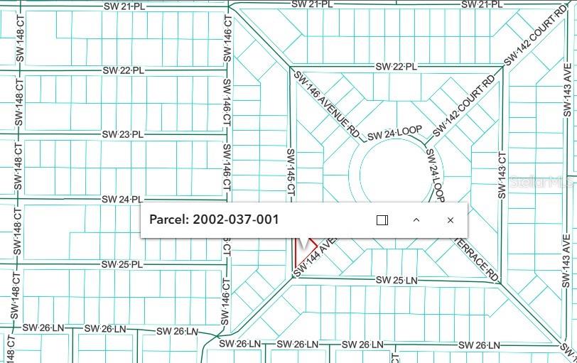 This is a map showing a residential parcel highlighted within a neighborhood street grid — SW 145TH CT, DUNNELLON, FL