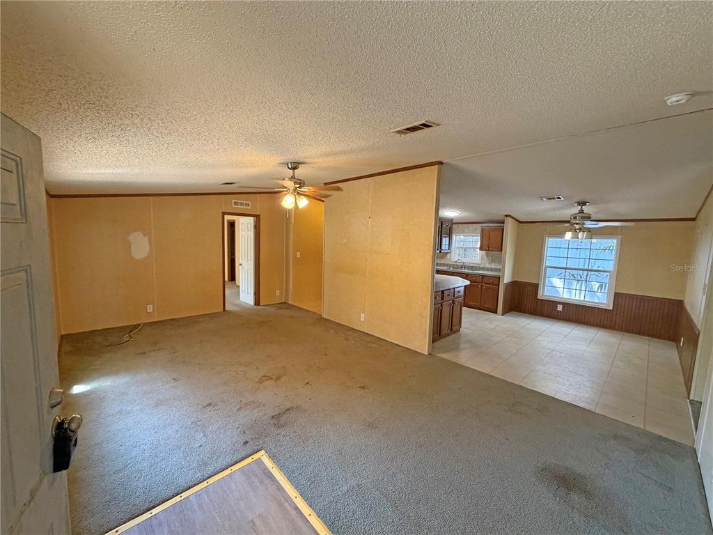 A living room with carpeted floors leads into a kitchen with tile flooring and wood cabinets — 120 PEACH, HAWTHORNE, FL